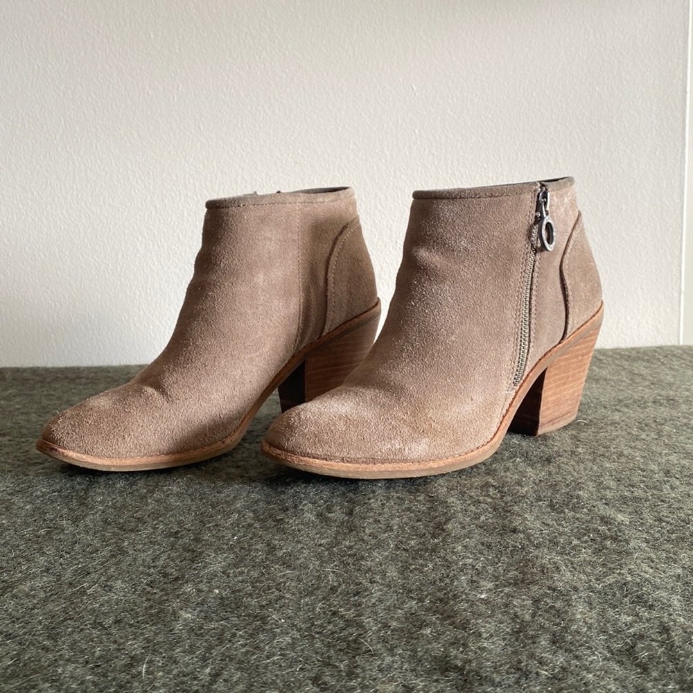 Gray Taupe Suede Pointed Almond Toe Heeled Booties